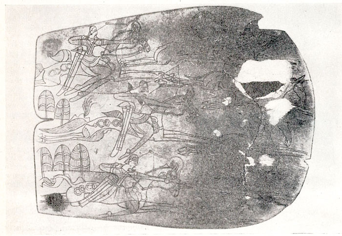 Большая костяная пластина со сценой охоты. Из раскопок могильника близ Курган-тепе