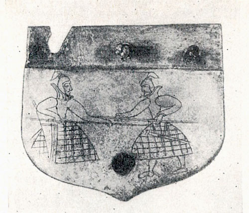 Малая костяная пластина со сценой поединка. Из раскопок могильника близ Курган-тепе